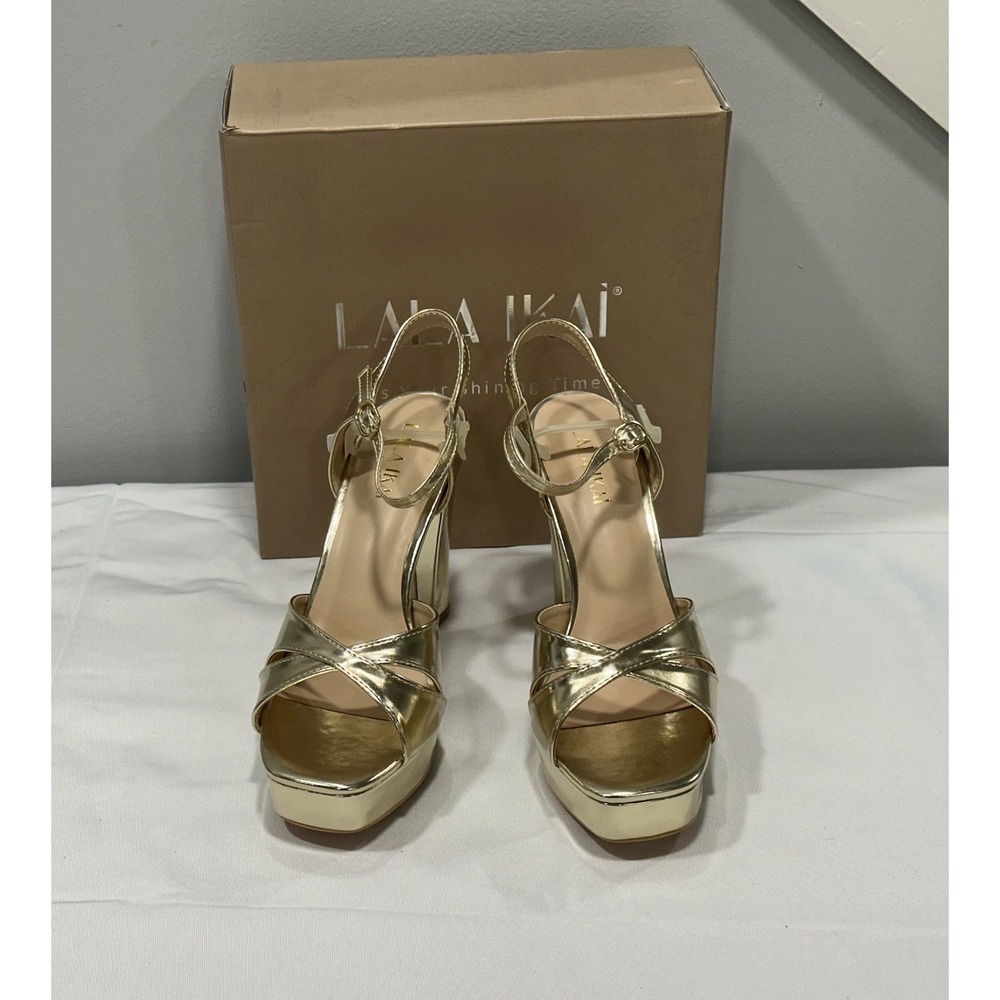 Lala Ikai Woman Metallic Gold Open Toe Platform Chunky Heels NEW Size 37.5 (7.5) - Picture 3 of 9